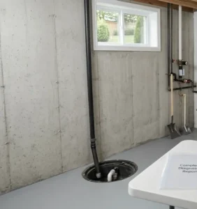 Basement Waterproofing Milton assessment scene in a concrete basement with a sump pit, discharge pipes, windows, tools, and a detailed diagnostic report on a table