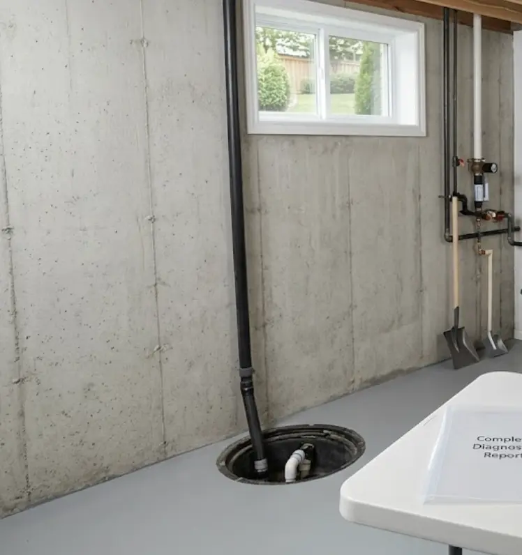 Basement Waterproofing Milton assessment scene in a concrete basement with a sump pit, discharge pipes, windows, tools, and a detailed diagnostic report on a table