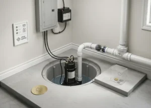 Basement Waterproofing Milton installation featuring a sump pump basin, backwater valve, discharge PVC pipes, and battery backup system in a home utility room