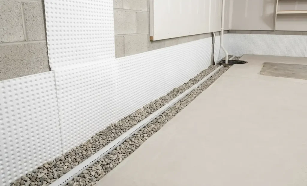 Basement Waterproofing Milton project featuring an interior drainage membrane, weeping tile, and gravel trench