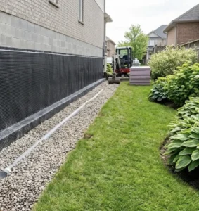 Basement Waterproofing Milton project with exterior dimple membrane, weeping tile, and gravel trench along foundation wall